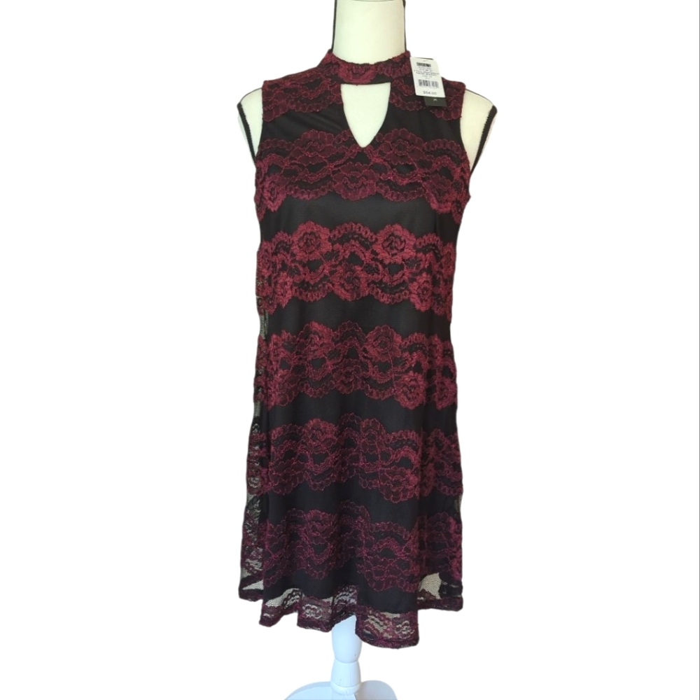 NWT Fifth & Park Netted Lace Overlay Keyhole Flowy Dress XS Black Red